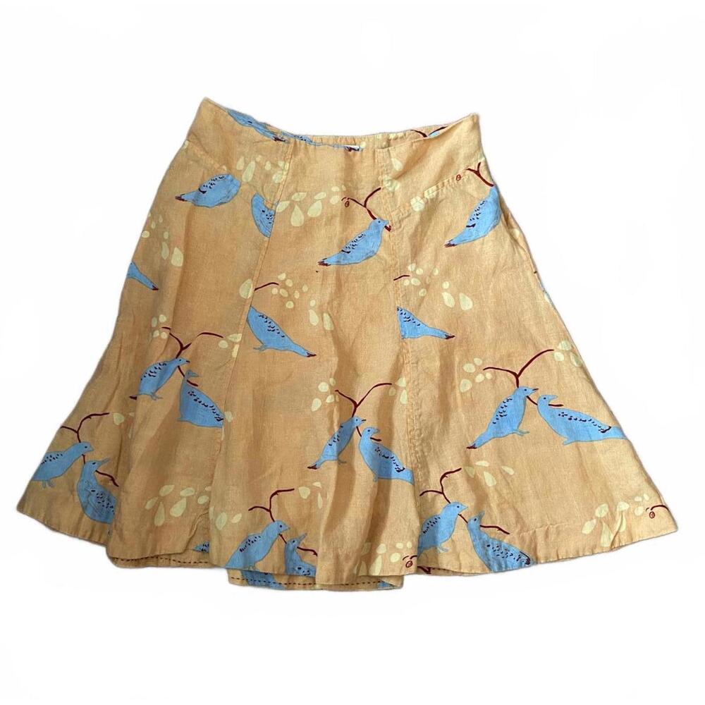 Anthropologie Meadow Rue 100% Linen Peach Blue Bird Print Midi Skirt Boho Size 8